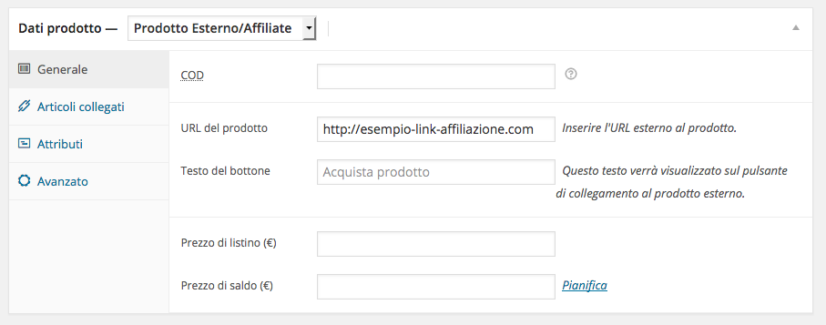 WooCommerce prodotti in affiliazione o esterni